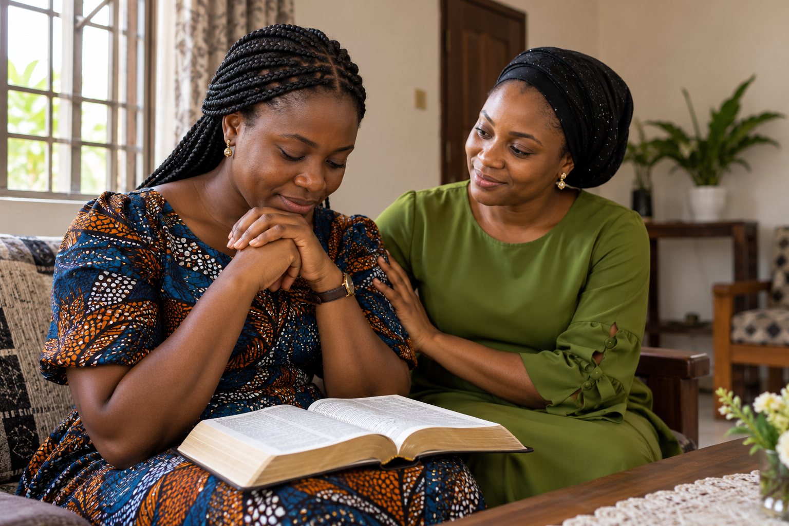 A Nigerian woman prays over an open Bible as another woman offers support.