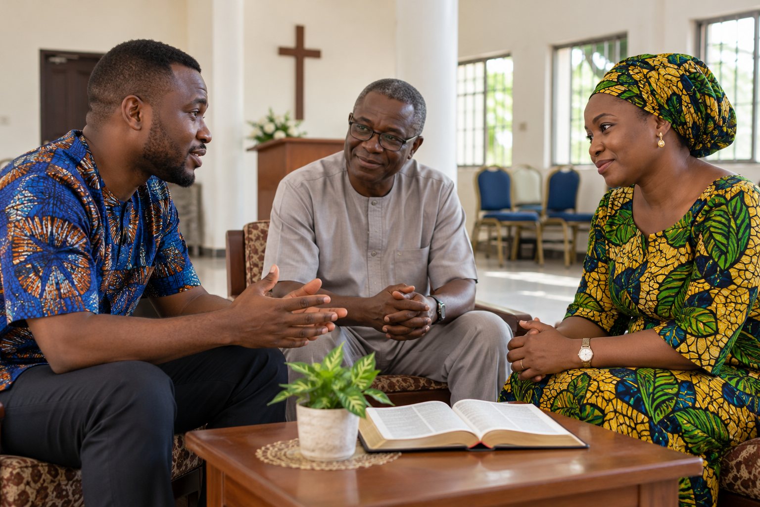 Nigerian church members discuss anger and seek understanding around an open Bible.