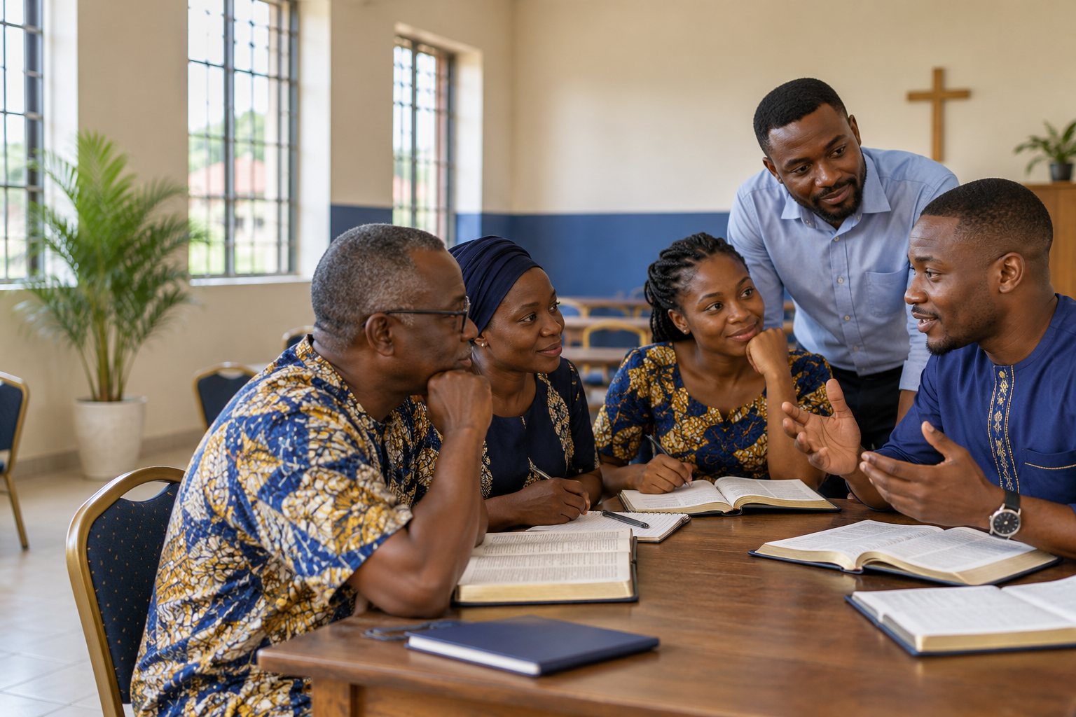 Nigerian believers gather around open Bibles to study the Word of God.